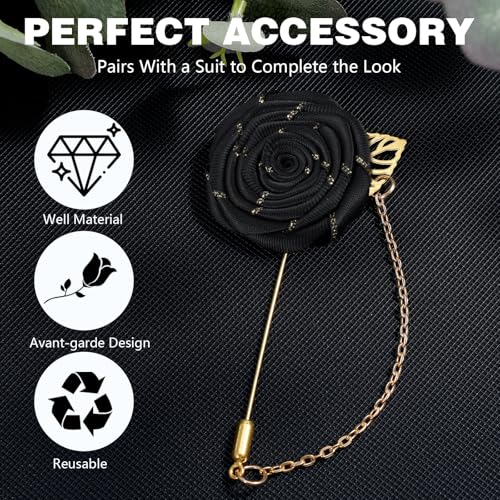 Gold Lapel Pin for Men, Gold Foil Brooch Men's White Flower Satin Lapel Pin with Metal Chain for Suits Professional Tuxedo Groom Wedding Brooch - color: Black