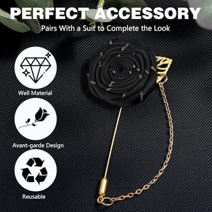 Gold Lapel Pin for Men, Gold Foil Brooch Men's White Flower Satin Lapel Pin with Metal Chain for Suits Professional Tuxedo Groom Wedding Brooch - color: Black