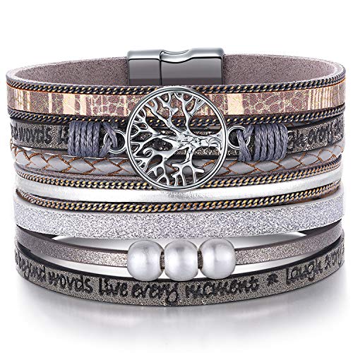 Desimtion Inspirational Tree of Life Boho Leather Wrap Bangle Bracelets for Women, Teen Girl Gifts Trendy Stuff, Fashion Accessories Jewelry Gifts for Women Girls - color: Grey