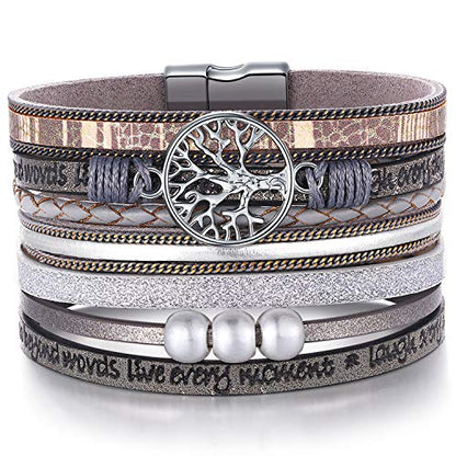Desimtion Inspirational Tree of Life Boho Leather Wrap Bangle Bracelets for Women, Teen Girl Gifts Trendy Stuff, Fashion Accessories Jewelry Gifts for Women Girls - color: Grey