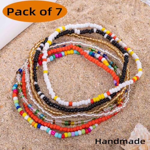 Yalice 7Pcs Beaded Ankle Bracelets for Women Dainty Layering Anklets Set Boho Waterproof Ankle Jewelry for Summer Beach