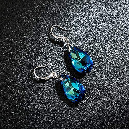 Austrian Crystal Teardrop Dangle Hook Earrings for Women 14K Gold Plated Hypoallergenic Jewelry - color: Bermuda Blue