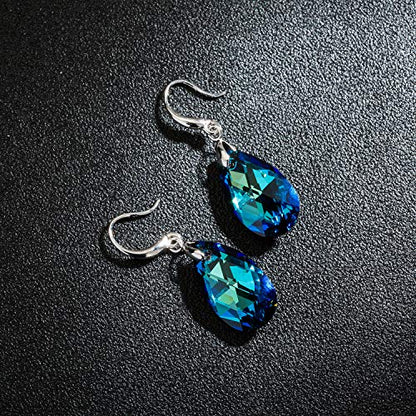 Austrian Crystal Teardrop Dangle Hook Earrings for Women 14K Gold Plated Hypoallergenic Jewelry - color: Bermuda Blue