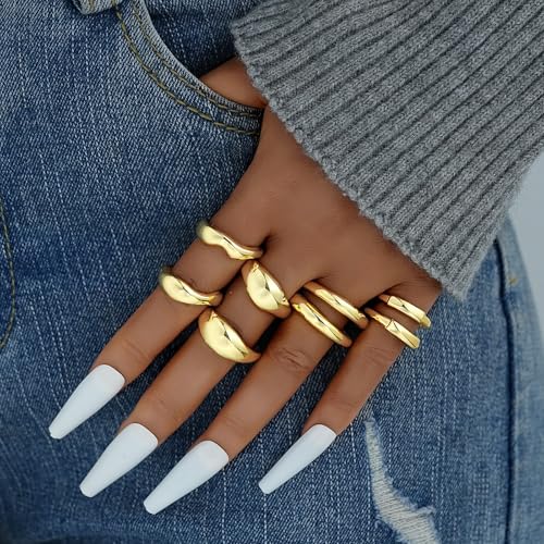 17 MILE Chunky Gold Stackable Rings for Women Non Tarnish, 18K Gold-Plated Statement Open Stacking Rings, Knuckle Band Ring Set - color: Gold 8 Pcs