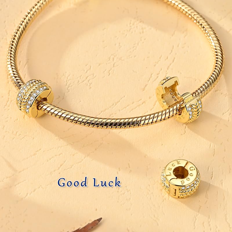 Gold Clip Stopper Charms for Pandora Bracelets Spacers Bead Charms Packs Jewelry Gift for Women - color: Good Luck-2 Packs