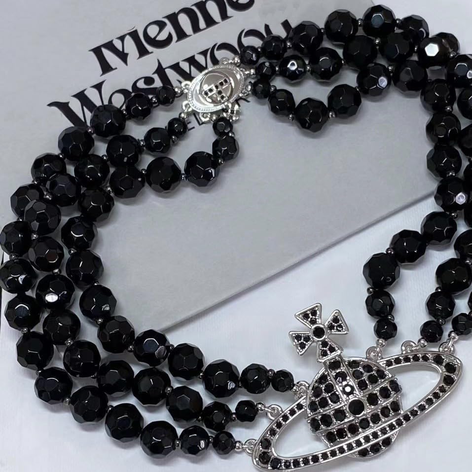 Dreuyet Saturn Pearl Necklace and Earrings Set Crystal Planet Earrings Dainty Artificial Pearl Choker Necklace Charm Gifts for Mum Wife Wedding Birthday Anniversary - color: 3 Layered Pearl Silver Black