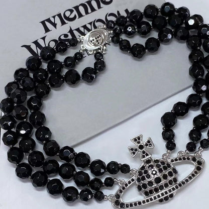 Dreuyet Saturn Pearl Necklace and Earrings Set Crystal Planet Earrings Dainty Artificial Pearl Choker Necklace Charm Gifts for Mum Wife Wedding Birthday Anniversary - color: 3 Layered Pearl Silver Black