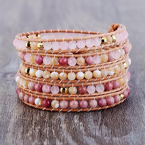 Boho Wrap Bead Bracelet for Women - Handmade Adjustable Natural Stone Beaded Bracelets Yoga Healing Bracelet Bangle Hippie Jewelry - color: Pink