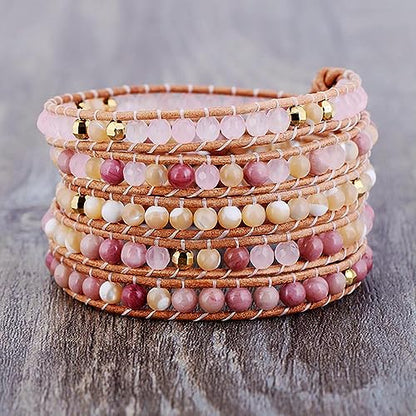 Boho Wrap Bead Bracelet for Women - Handmade Adjustable Natural Stone Beaded Bracelets Yoga Healing Bracelet Bangle Hippie Jewelry - color: Pink