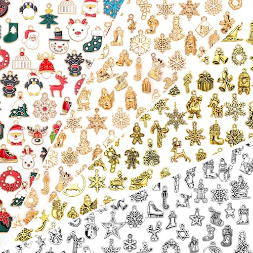 SANNIX 200Pcs Christmas Charms for Jewelry Making, Xmas Enamel Charms Mixed | Bulk Antique Gold Tibetan Silver KC Gold, Bangle Pendants for Holiday, Bracelets Necklaces Earrings Craft Making Accessories - color: Christmas Color