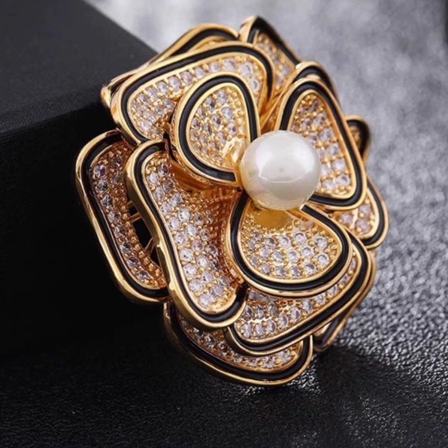 Elegant Floral Brooch Pins for Women, Crystal Pearl Rhinestone CZ Flower Lapel Pin Wedding Party Exquisite Brooches and Pins for Women Ladies - color: Gold+Black