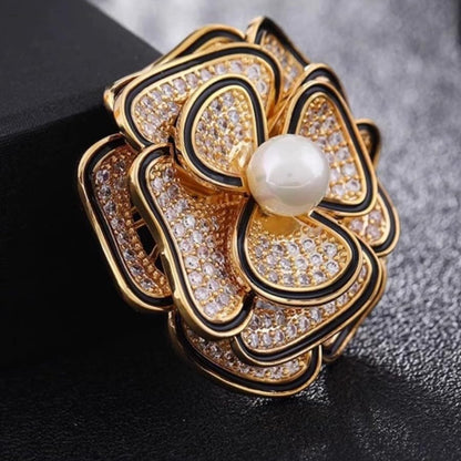 Elegant Floral Brooch Pins for Women, Crystal Pearl Rhinestone CZ Flower Lapel Pin Wedding Party Exquisite Brooches and Pins for Women Ladies - color: Gold+Black
