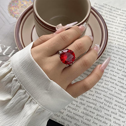 Large Round Gem 8-Prong Open Ring, 3 Colors Red Blue Aqua Green Triple Pave Silver Heavy Cocktail Ring for Women - color: red