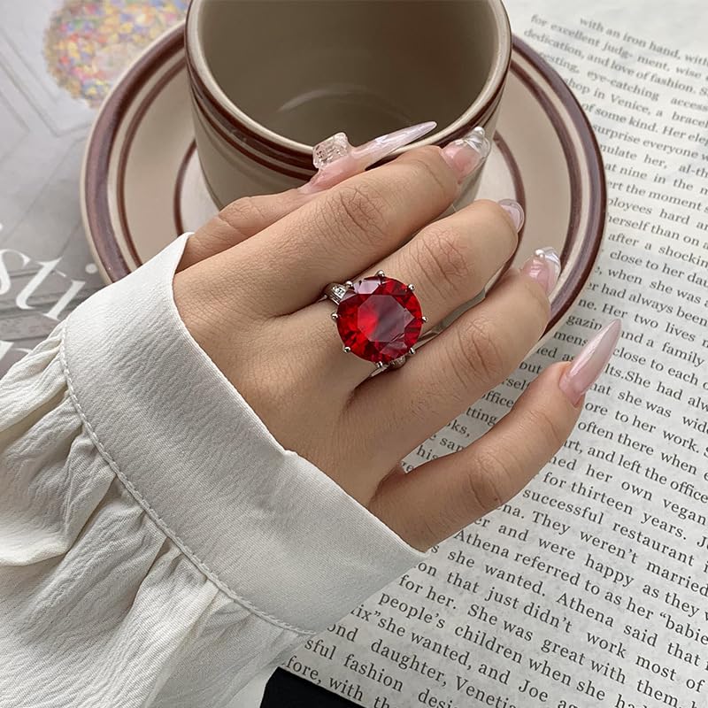 Large Round Gem 8-Prong Open Ring, 3 Colors Red Blue Aqua Green Triple Pave Silver Heavy Cocktail Ring for Women - color: green