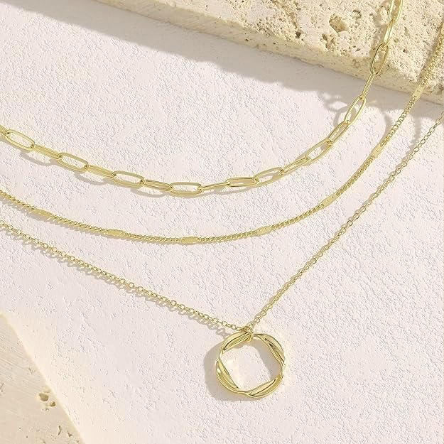 Evabelle Gold Layered Necklace for Women Trendy Jewelry 14K Real Gold Plated Chunky Chain Stackable Necklaces Dainty Choker Necklaces Rectangle Square Pendant - color: Gold Necklace 26