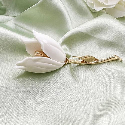 Elegant Enamel Tulip Flower Brooch Pins, AILUOR Fashion Opal Crystal Rhinestone Flower Corsage Scarf Pins Jewelry Accessories Clothing Bouquet Brooches for Bridal Women Wedding Costume (White)