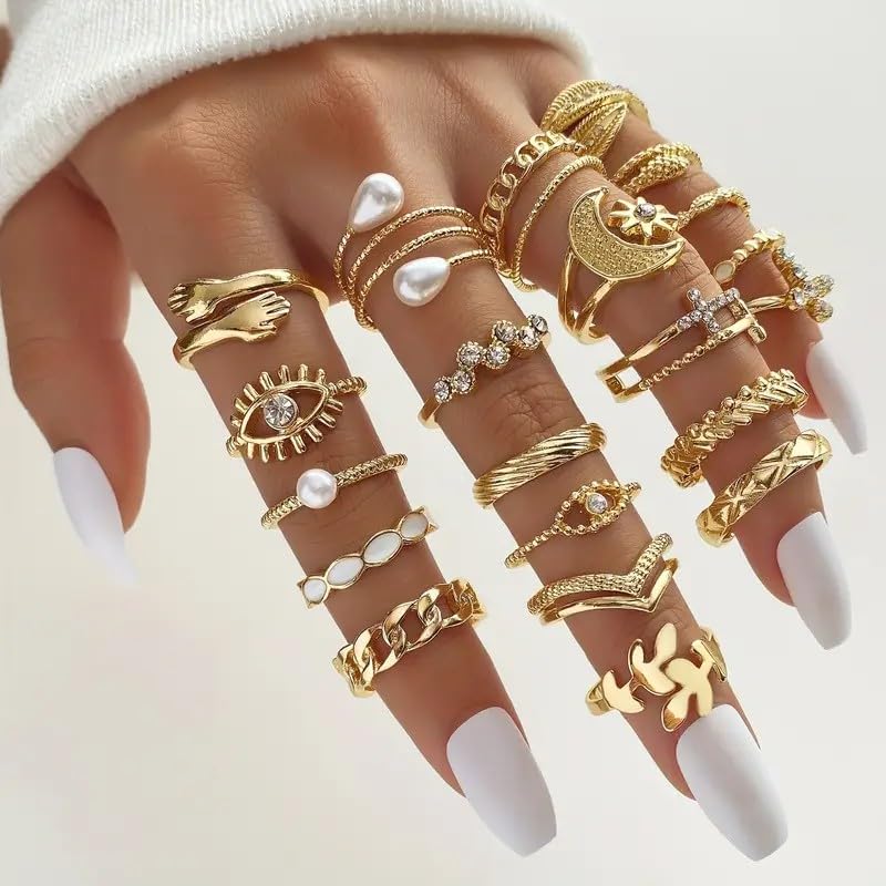 Golden Knuckle Rings Set for Women, 14k Golden Plated Open Stacking Knuckle Midi Rings Dainty Cubic Zirconia Crystal Simple Hollow Cute Rings Pack Jewelry Gifte - color: Golden 26PCS