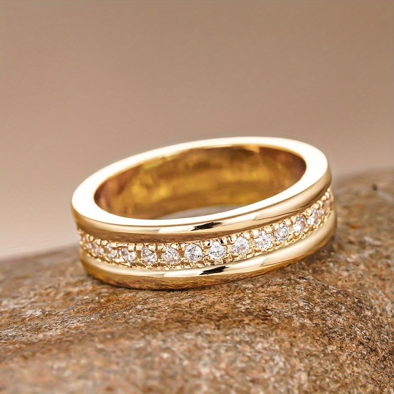 Simple Eternity Band Ring Synthetic Gemstone Wide Ring for Women Wedding Engagement Ring Fashion Jewelry - color: Gold Color