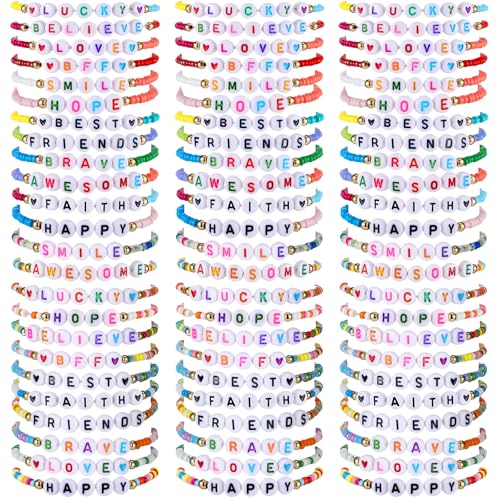 96 Pcs Beaded Friendship Bracelets Bulk Inspirational Stretch Bracelets Y2k Colorful Cute Adjustable Jewelry for Rainbow Women Carnival Music Party Favors Friend Gifts(Classic) - style: Classic
