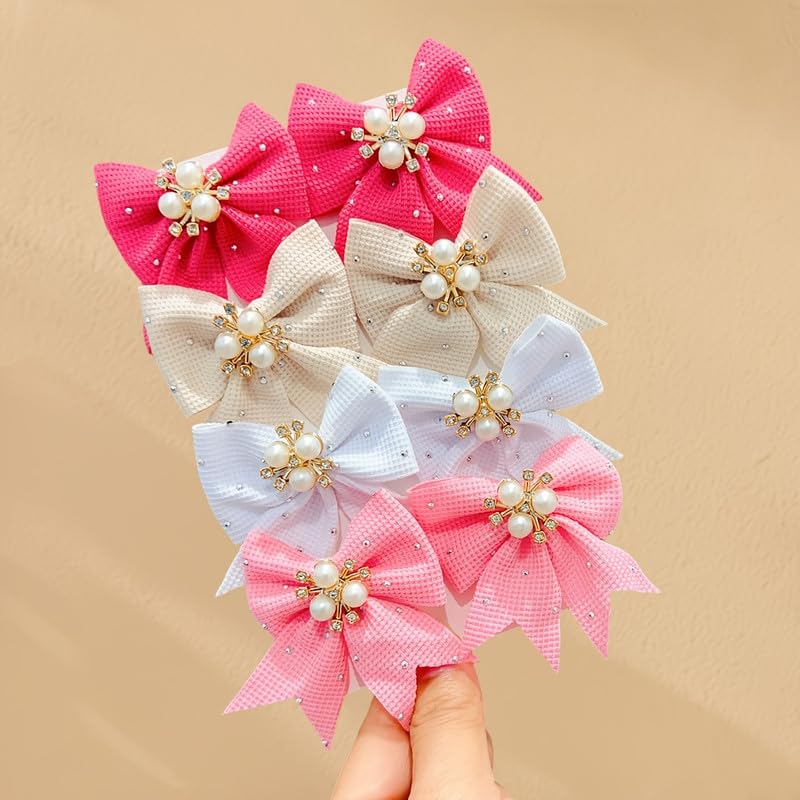 8 Pcs Waffle Fabric Bow Alligator Clips,Set With Faux Pearl Cluster And Sparkly Rhinestone Trim,Solid Tone Fabric Barrettes For Hairstyle Matching(Multicolor)