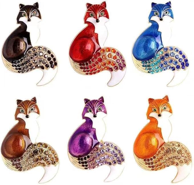 6 PCS Fox Brooch Pins Elegant Enamel Rhinestone Crystal Color Animal Brooches Pin Fashion Set for Women