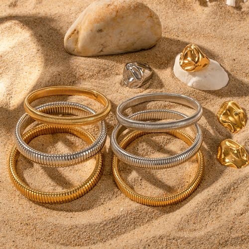 Gold Chunky Stretch Snake Chain Bangle Bracelets Stack for Women Trendy, 18K Gold Filled Stainless Steel Stretchy Womens Stackable Wristband Bangles Bracelet Set - style: 3PCS SILVER 10MM EACH