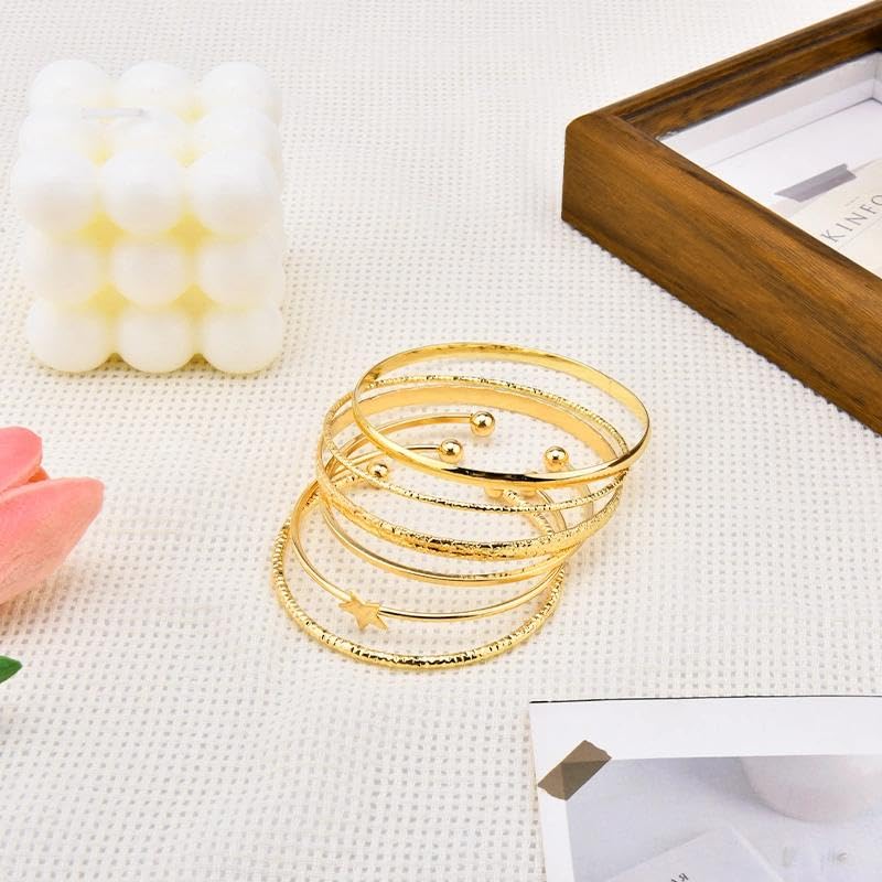 Gold Layer Bangle Bracelets for Women Dainty Star Charm Half Open Cuff Multi Textured Bangles Adjustable Stackable Hand Chain Non Tarnish Punk Statement Jewelry Boho Beach Jewelry Stacked