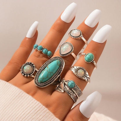 Airvess Vintage Knuckle Rings Set, Chunky Turquoise Stackable Rings, Silver Joint Finger Stacking Rings, Bohemian Western Jewelry for Women - style: 8 Pcs