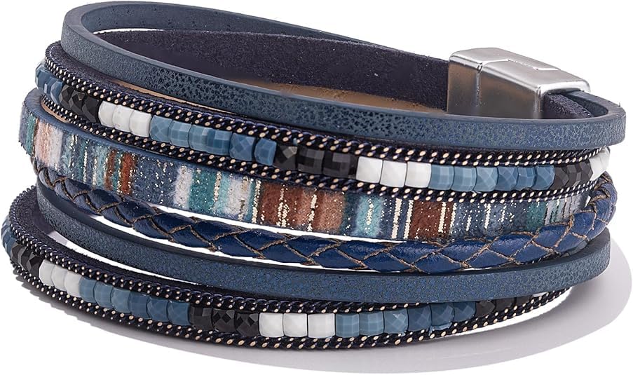 Women's Multi Layer Leather Wrap Bracelet String Bracelets for Women, Boho Braid Multi-Layer Crystal Beads Cuff Women Bracelet Jewelry - color: Blue