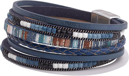 Women's Multi Layer Leather Wrap Bracelet String Bracelets for Women, Boho Braid Multi-Layer Crystal Beads Cuff Women Bracelet Jewelry - color: Blue
