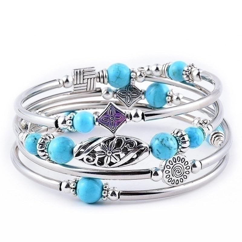 Boho Wrap Beaded Bracelet for Women – Handmade Natural Stone Jewelry – Stainless Steel Adjustable Ethnic Chic Gift - color: Turquoise Stone
