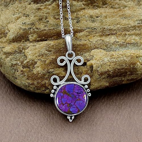 Natural Round Gemstone Pendant Necklace for Women, 925 Sterling Silver | Solitaire Birthstone Jewelry With 18 Inch Chain, Handmade Semi Precious Stone Pendant, Jewelry Gift for Mom, Wife & Sister - color: Purple Copper Turquoise