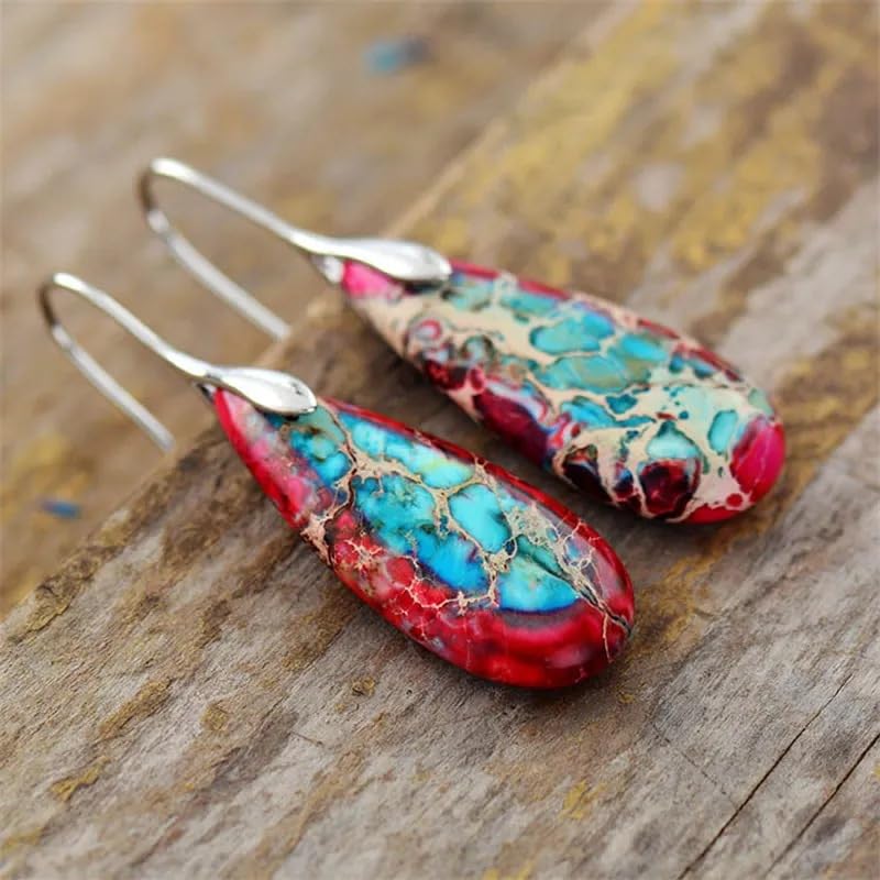 Boho Natural Imperial Jasper Teardrop Dangle Earrings for Women – Hypoallergenic French Hook Stone Drop Earrings Jewelry - color: Red Silvery Hook #2