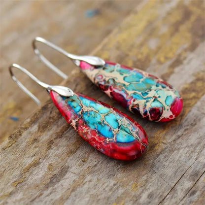 Boho Natural Imperial Jasper Teardrop Dangle Earrings for Women – Hypoallergenic French Hook Stone Drop Earrings Jewelry - color: Red Silvery Hook #2