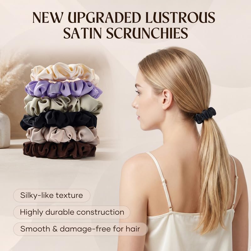 Satin Scrunchies for Women & Girls, Silk-Touch Hair Ties and Gentle Ponytail Holders, Soft No-Damage, No-Crease Hair Accessories in Morandi Earth Tones, 6-Pack
