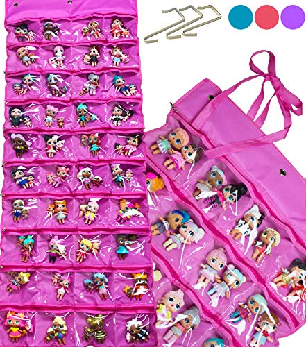 LOL Toys Hanging Over The Door Storage Organizer Carrying Travel, 40 Clear View Pockets, Roll Up, for Small Dolls, Cars, Jewelry, Hair Accessories, Arts & Crafts, Bead, Sewing and More (Pink) - color: Pink