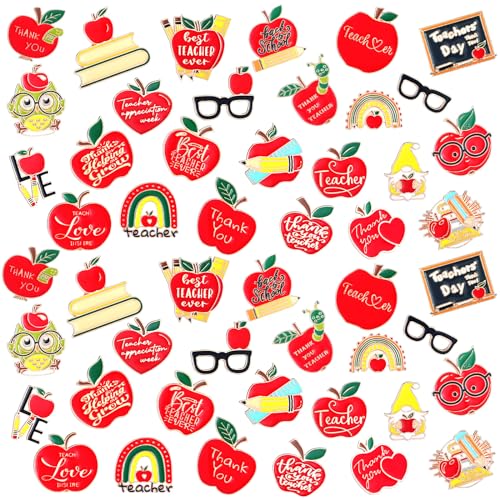Giegxin 40 Pcs Teacher Lapel Pins Bulk Teacher Appreciation Gifts Apple Enamel Pins Thank You Gifts Glasses Brooch for Clothes Bags Accessories - style: Book