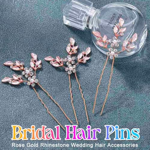 Heread Leaf Bride Wedding Hair Pins Crystal Bridal Head Dress Pearl Hair Accessories for Women and Girls (Pack of 3) (A Rose Gold) | Silver and Gold and Rose Gold Leaf Bridal Hair Clip Silver Rhinestone Pieces for Brides - color: A Rose Gold
