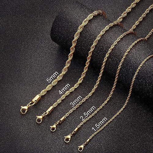 24K Gold Plated Rope Chain Stainless Steel Twist Chain Necklace Men Women - color: 24K Gold-Plated, size: 30 Inches