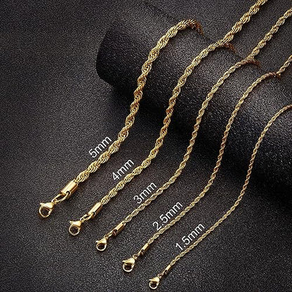 24K Gold Plated Rope Chain Stainless Steel Twist Chain Necklace Men Women - color: 24K Gold-Plated, size: 26 Inches