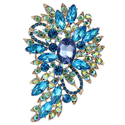 EVER FAITH Women's Austrian Crystal Wedding Flower Leaf Bouquet Brooch - color: Light Blue w/ Green AB