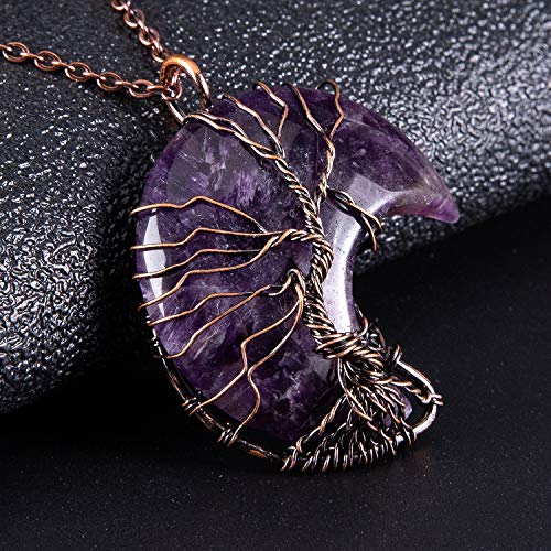 Bivei Life Tree Crescent Moon Necklaces for Women | Copper Wire Wrap Gemstones Pendant Crystals and Natural Stones Necklace Witch Jewellery Christmas Valentine's Day for Friends - color: Purple - Amethyst, style: Pack of 1