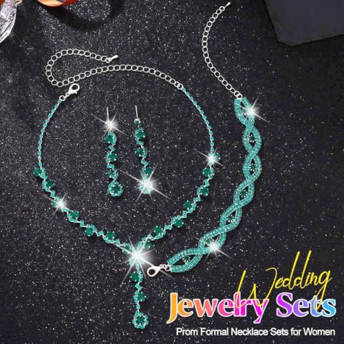 Silver Wedding Jewelry Sets Rhinestone Necklace Earrings Bracelet Set Prom Formal Costume Jewelry for Women and Brides - color: Green