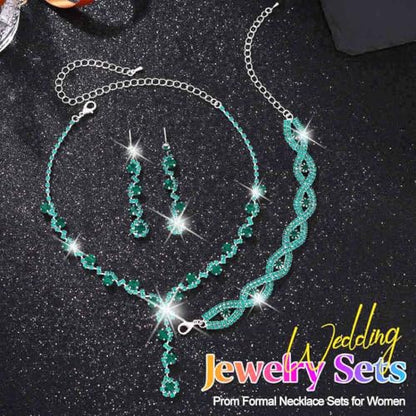 Silver Wedding Jewelry Sets Rhinestone Necklace Earrings Bracelet Set Prom Formal Costume Jewelry for Women and Brides - color: Green
