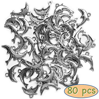 Heather's cf Silver Sea Charms – Antique Pendants, Non-Tarnish, Lead-Free & Nickel-Free, Bulk Ocean Animal Charms for DIY Jewelry, Bracelets, Necklaces, Earrings, Beach Craft Supplies (Sea Animals) - color: Dolphin-80pcs