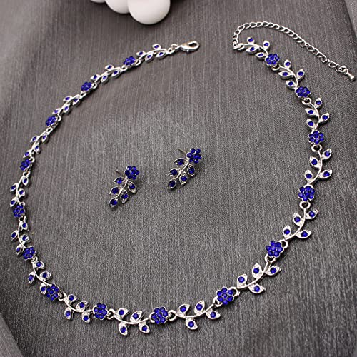 Austrian Crystal Rhinestone Choker Necklace Dangle Earring Link Bracelet Jewelry Set for Brides Bridesmaid Prom Costume Accessories for Women - color: En001-Deep Blue-Platinum Plated