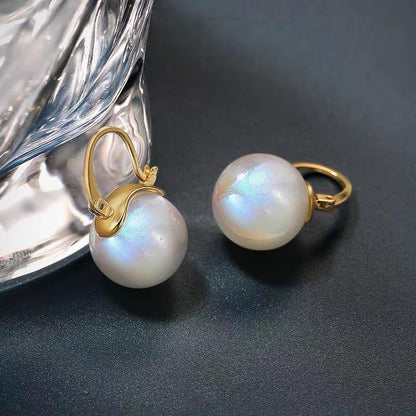 HUGE TOMATO Elegant 925 Sterling Silver Pearl Drop Earrings for Women, 14K Gold Plated Dangle Stud Earrings, Hypoallergenic Large Pearl Hoop Earring dangling 12mm - color: Opal