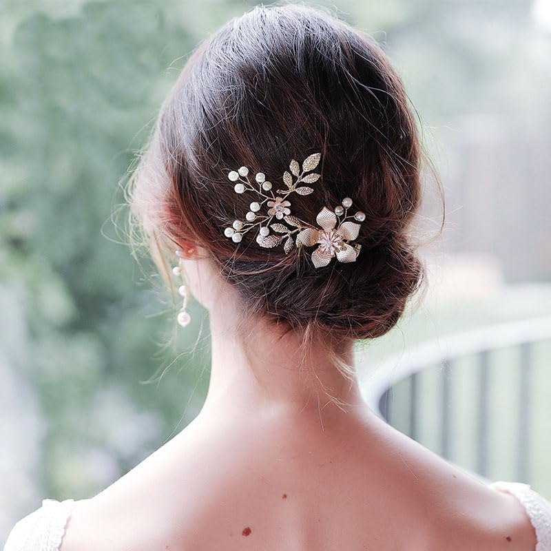 Foyte Bridal Flower Hair clip Pearl Wedding Hair Piece Gold Bride Leaf Barrettes Bridal Hair Accessories for Women and Brides