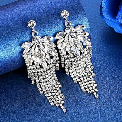 Silver Rhinestone Crystal Bridal Chandelier Long Tassels Dangle Earrings for Wedding - color: G-7