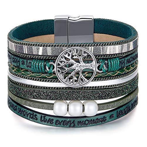 Desimtion Inspirational Tree of Life Boho Leather Wrap Bangle Bracelets for Women, Teen Girl Gifts Trendy Stuff, Fashion Accessories Jewelry Gifts for Women Girls - color: Green